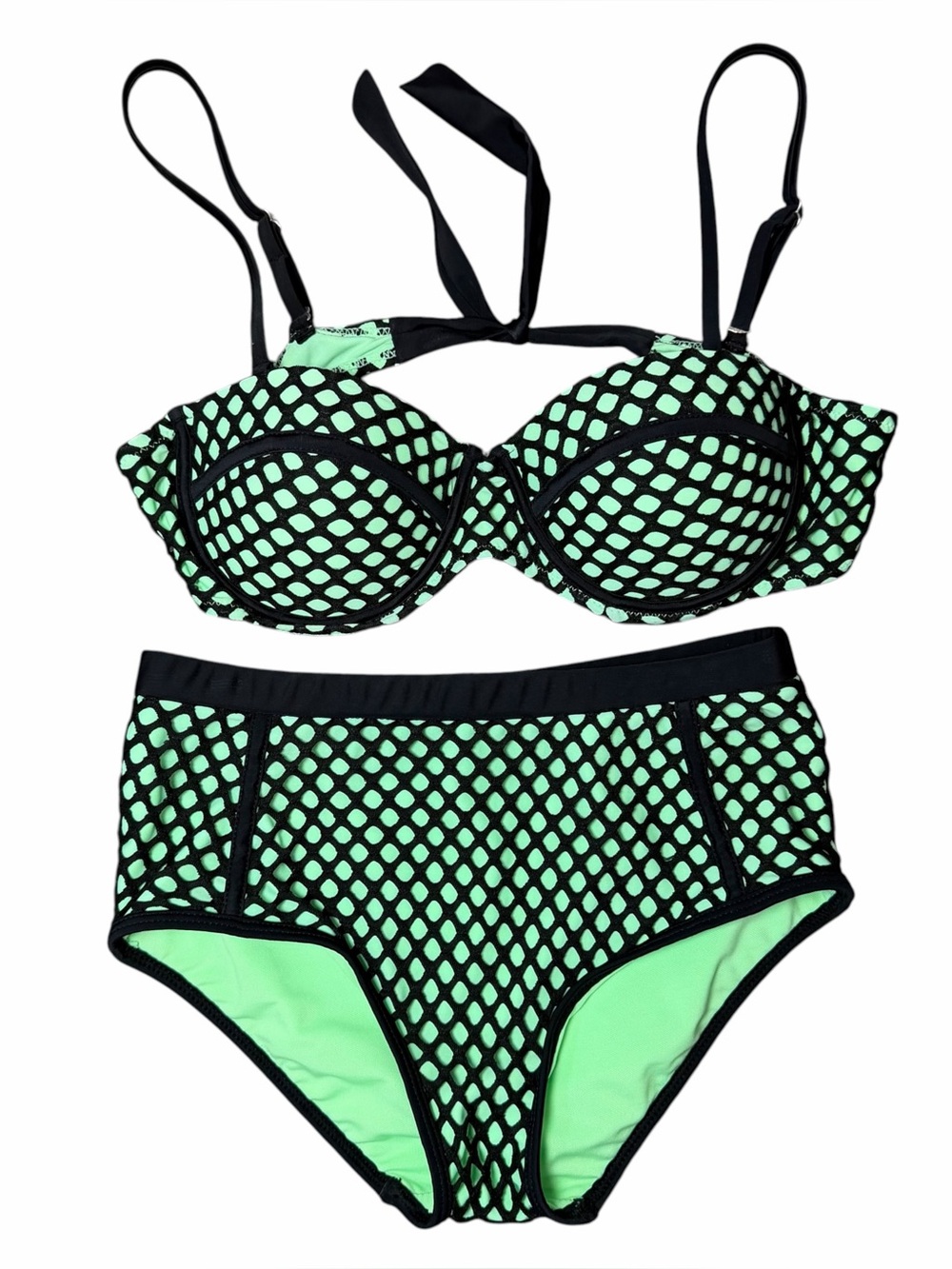 Womens Sz M Bikini Swimsuit Black Neon Green Mesh Push Up Underwire 2 Piece Set